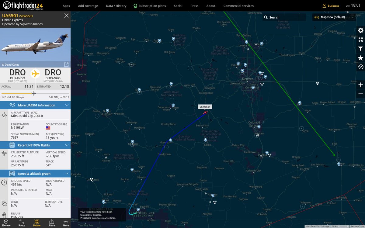 MULTI FR24 TRACK ALERT : At Fri Oct 16 19:00:52 2020 #SKW5501 from DRO (135nm) to DRO (135nm) has geo track of 214 but is heading 53 diff of 161 #AvGeek #ADSB #AvGeek flightradar24.com/SKW5501/25ca84…