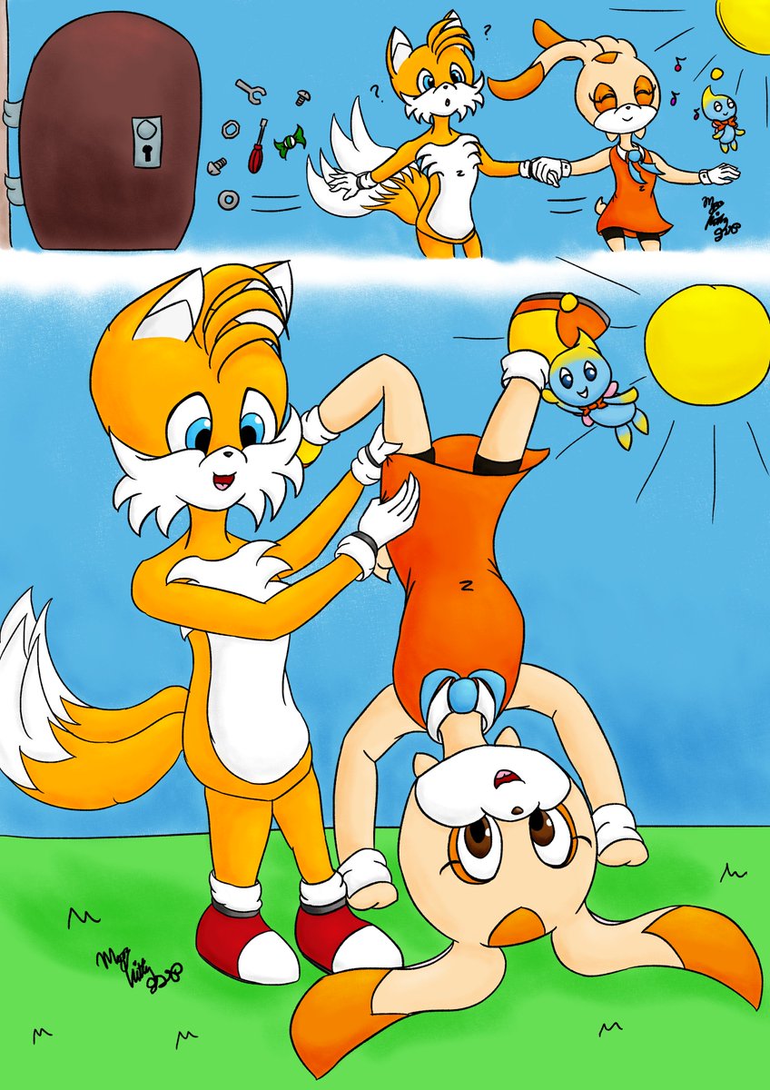 MerryKitty828's tweet photo. Idea suggested by: RRainbow37 on Deviantart

A pic where Cream drags Tails out of his workshop to have fun! Thank you for the cute idea!
Next up is a surprise for Halloween...😁!
#taiream #tailream #crails https://t.co/oKHHjZPhZH