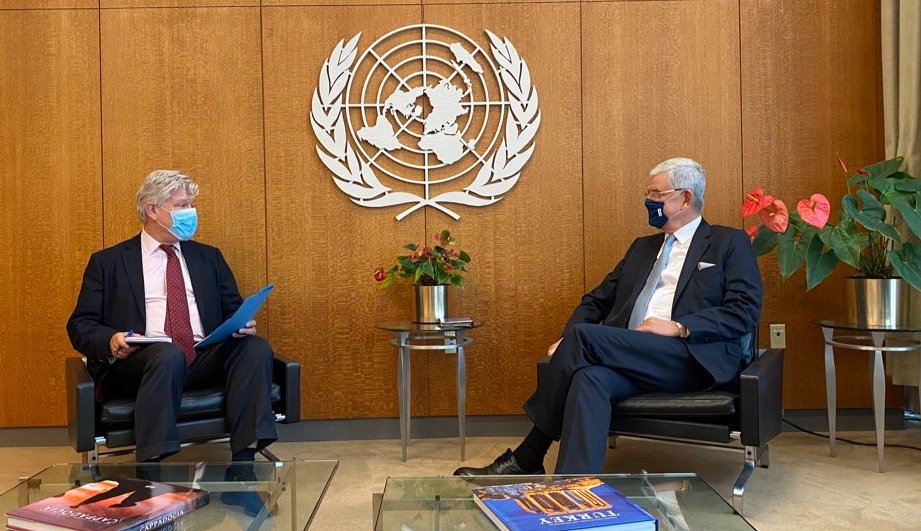 UN_PGA's tweet photo. The world has changed in unimaginable ways since the @UN was established. Today, I discussed with @HochschildF @JoinUN75 how technological tools and digitalization can contribute to the realization of the #SDGs, including responding to the challenges of #COVID19. https://t.co/Ra5SacB42y