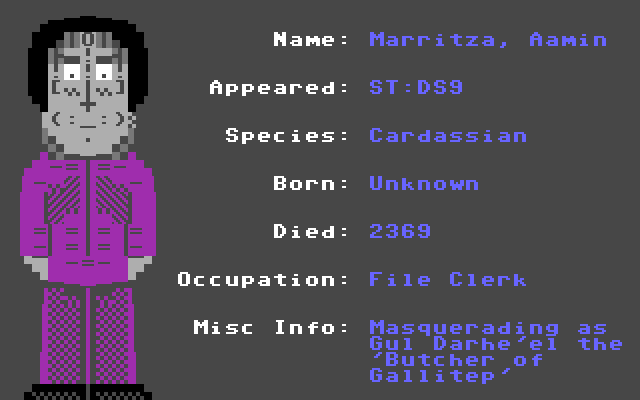 Marritza, Aamin (ST: DS9, Season 1, Episode 19, "Duet") #StarTrek #C64 #Commodore64 #PETSCII #PixelArt #C64Retweets #WeAreStarfleet #DS9 #TNG <a href="/StarTrek/">Star Trek</a> <a href="/TrekCore/">TrekCore.com 🖖</a> <a href="/trekreport/">Trek Report</a> <a href="/EverythingC64/">Everything C64</a> #HarrisYulin