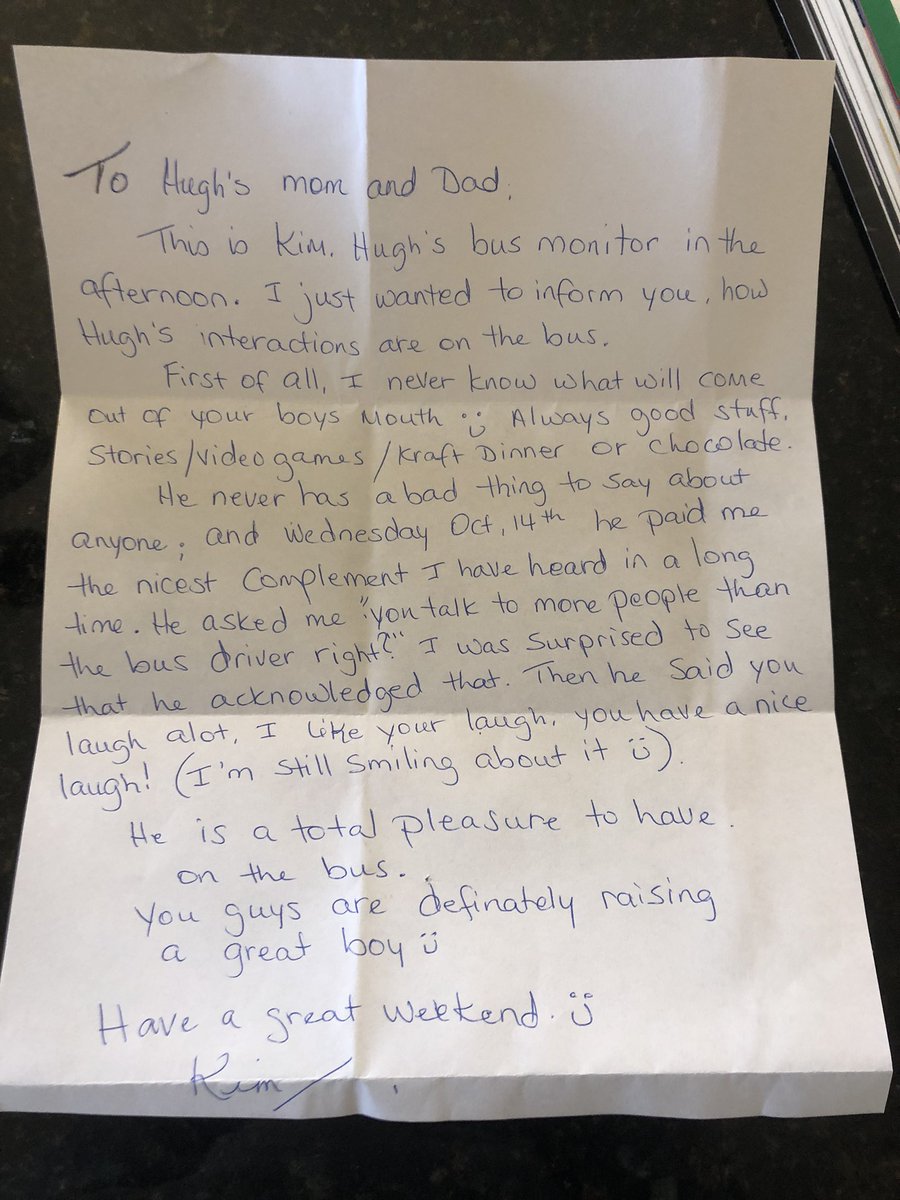 AllyGarbs's tweet image. My son’s bus attendant helped him off the bus today and handed me an envelope, wishing me a good weekend. After a terrible, no good week, I didn’t know what to expect when I opened it. Reader: this is a humble brag about a kid whose awesomeness I can take no credit for.