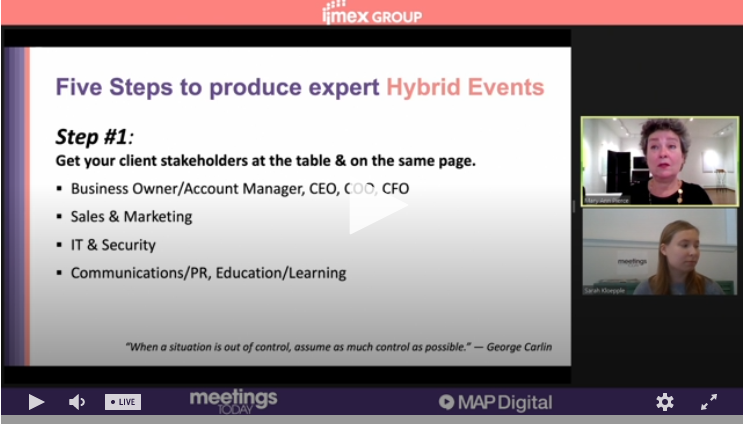 meetingstoday's tweet photo. MAP Digital’s Mary Ann Pierce during #planetimex on hybrid meetings: Get your internal clients and stakeholders on the same stage and stage. Virtual/hybrid meetings are not a temporary phenomenon. @IMEX_Group #HybridEvents #Virtual #MAPDigital #PlanetIMEX @skloep https://t.co/z5ntr02Jjq