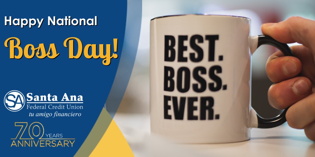 SantaAnaFCU's tweet photo. It's #NationalBossDay, Members! 😎 Be sure to give your boss some recognition for all they do for you.👏 But also, think about something you can take control of in your life and do it today! #OwnTheDay and be the boss of your own life starting now. 🌟

#DTSA #714ever #SoCal https://t.co/e2D36sdl3N