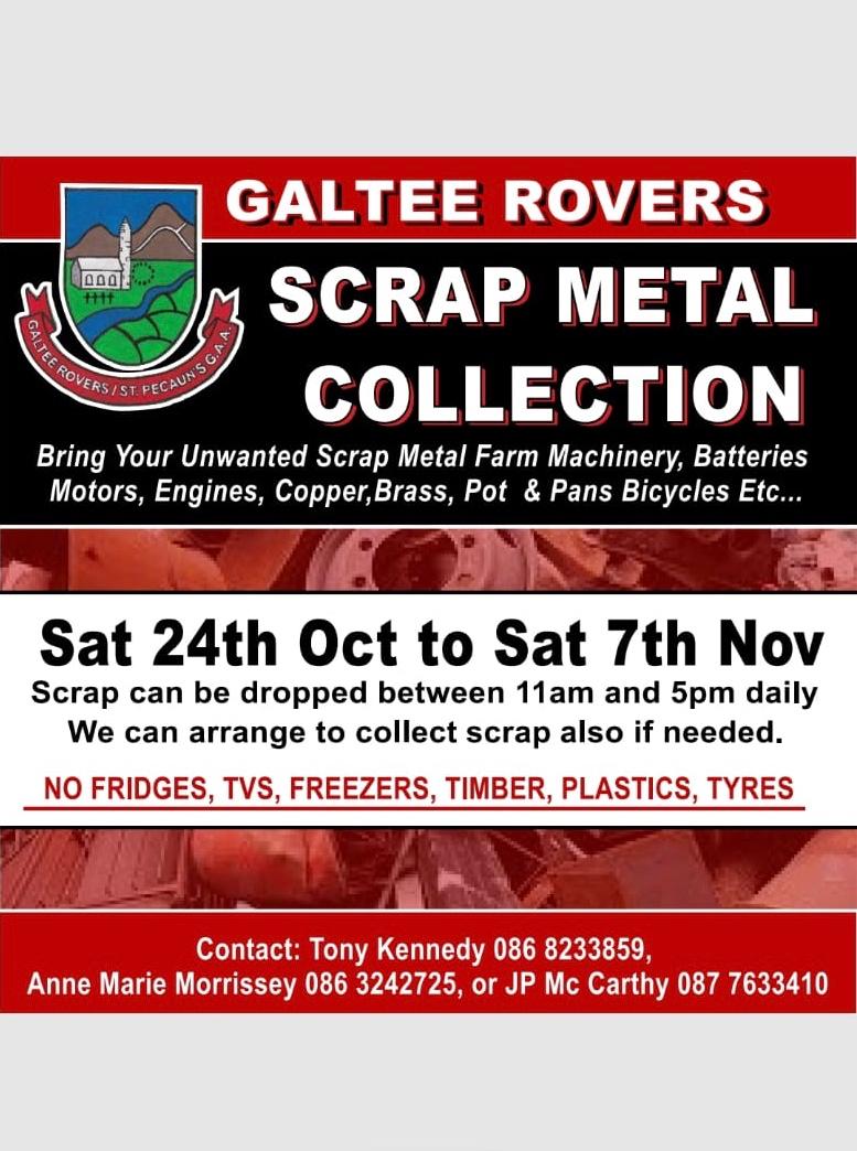 GalteeRoversGAA's tweet photo. SCRAP METAL COLLECTION

Please see below details of our scrap metal collection. Drop offs can be left at the McGrath Centre every day between 11am and 5pm from October 24th to November 7th. Scrap can also be arranged to be collected also

🇮🇩 🇮🇩 🇮🇩 https://t.co/F5WjukduLx
