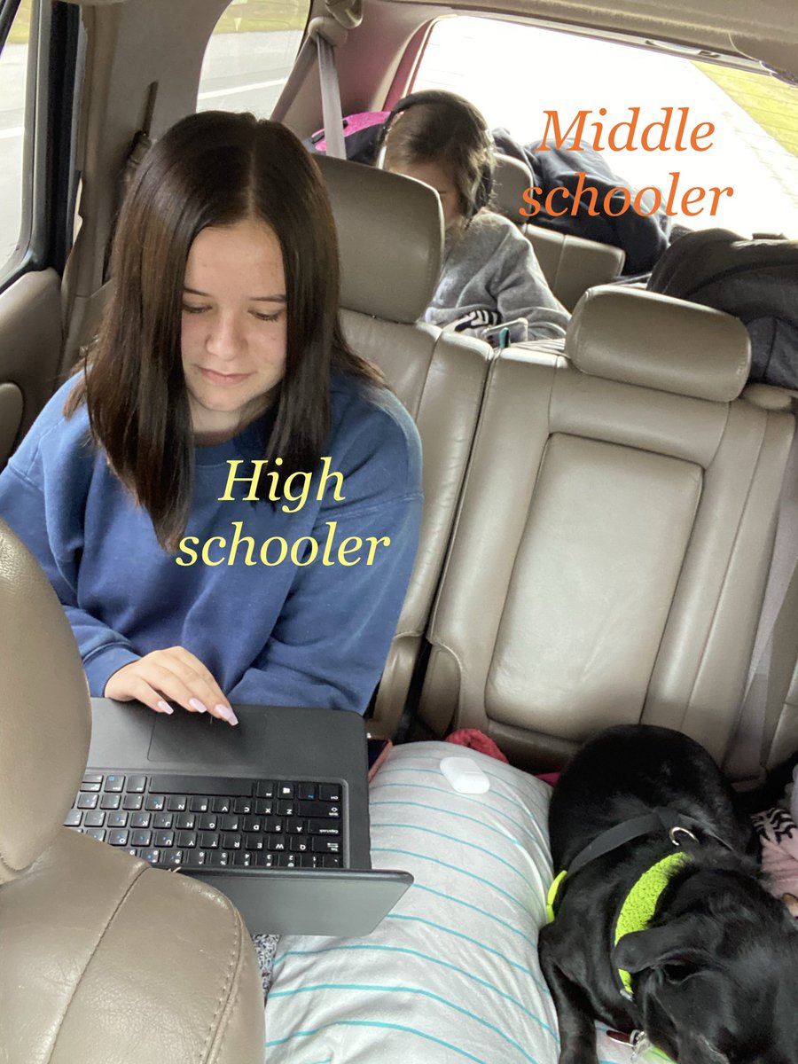 amberpeacock30's tweet photo. FCPS is doing something right....my girls don’t want to miss a day of school...not even virtual school! They are online in the car because THEY WANT to be!!  (I won’t mention what the 4th grader is doing) #FCPS #southcountymiddleschool #southcountyhighschool https://t.co/J39SecYwIT
