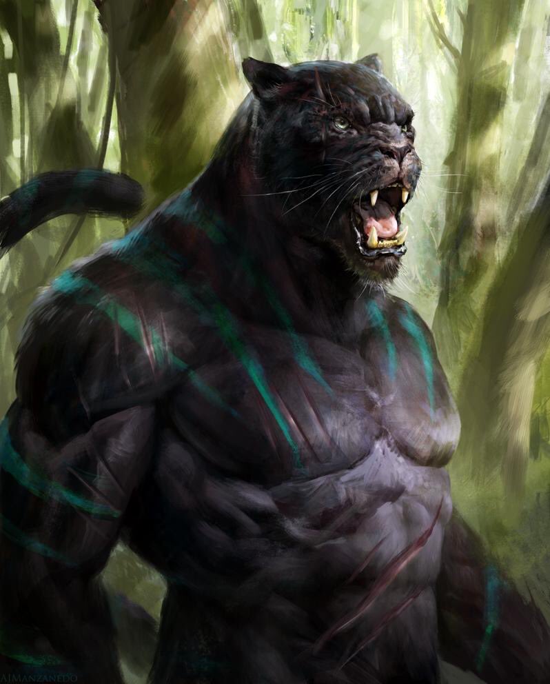 We also have werecat creatures (werelions, werejaguars, wereleopards, werepanthers) most of them are the child of human and a feline deity who hid under the traits of a human. These demi gods can shape-shift into lions, panthers, leopards etc.Arts: Manzanedo DevianArt
