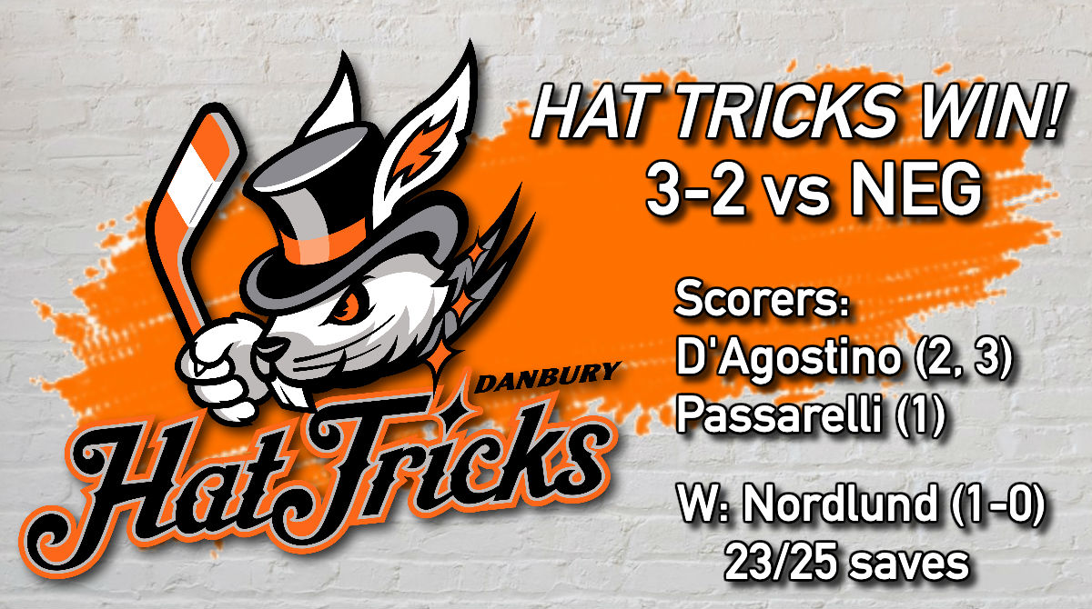 That's a W! Your Jr. Hat Tricks take a 3-2 win at Northeast! D'Agostino nets a pair and Nordlund stops 23/25 in his first win in orange-and-black! #NAHLTricks
