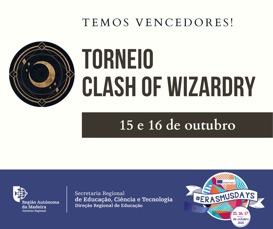 EDUCATICRAM's tweet photo. 🎉Temos vencedores! Parabéns a: Calm Demon, Dangerous Giant, Glad Thief, Tough Unicorn e Pretty Centaur.
A todos os que participaram neste TORNEIO CLASH OF WIZARDRY, os nossos parabéns e agradecimentos.
#ErasmusPlus #ErasmusDays #educaticram #clashofwizardry https://t.co/CODMiYqifr
