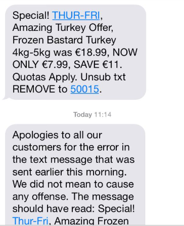 kaylabreathnach's tweet photo. I will never get over the time Super Valu Westport sent this text to all of their customers https://t.co/xLublEZ8jw