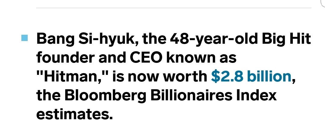 "Bang Si-hyuk, is now worth $2.8 billion, the Bloomberg Billionaires Index estimates."
Teamwork makes the dream work.🎉

@BigHitEnt 
<a href="/hitmanb/">hitman</a>