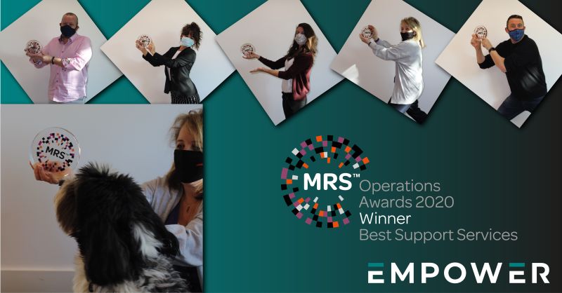 Templetastic's tweet image. The reality of socially-distanced group photos! On behalf of a very chuffed team, a handful of @EMPOWER_mrx  office-goers to show off our @TweetMRS Oppies Award trophy. Can you spot our new Managing Director behind the mask? 
#localisation #mrx #puppies