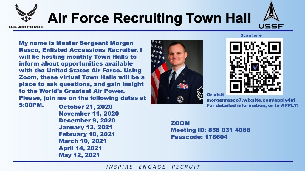 Students interested in the Air Force can take advantage of virtual meetings with Master Sergeant Rasco.  Info can be found in the attached flyer.