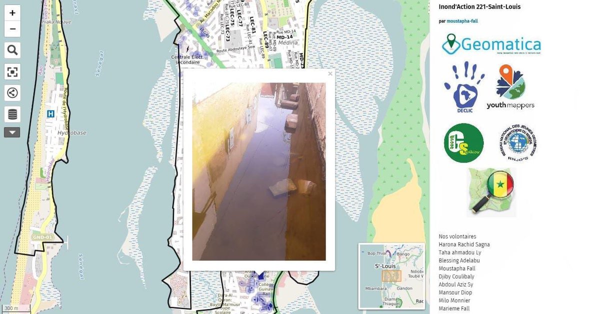 Inond’actions 221
Carte interactive des zones inondées dans la commune de Saint-Louis à la date du 20 septembre 2020.

Merci à tous pour votre participation YouthMappers (Sénégal), Green Sedhiou, OpenStreetMap Sénégal, Déclic, RNJGS
Le lien de la carte : u.osmfr.org/m/507999/