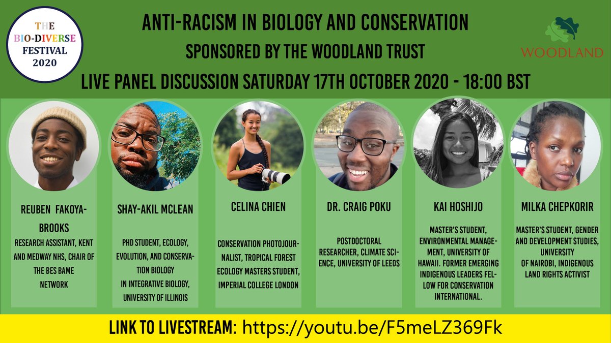 BioDiverseFest's tweet photo. #BioDiverse20 SATURDAY 6 PM BST!!

Live panel discussion: Anti-racism in #Biology and #Conservation.

With Reuben Fakoya-Brooks, @Hood_Biologist, @celinaxchien, @C_Poku93, Kai Hoshijo, and @MillyChepkorir.

Sponsored by @WoodlandTrust 

Link: https://t.co/zN0Qyxy2jy https://t.co/bHsaoe4kuu