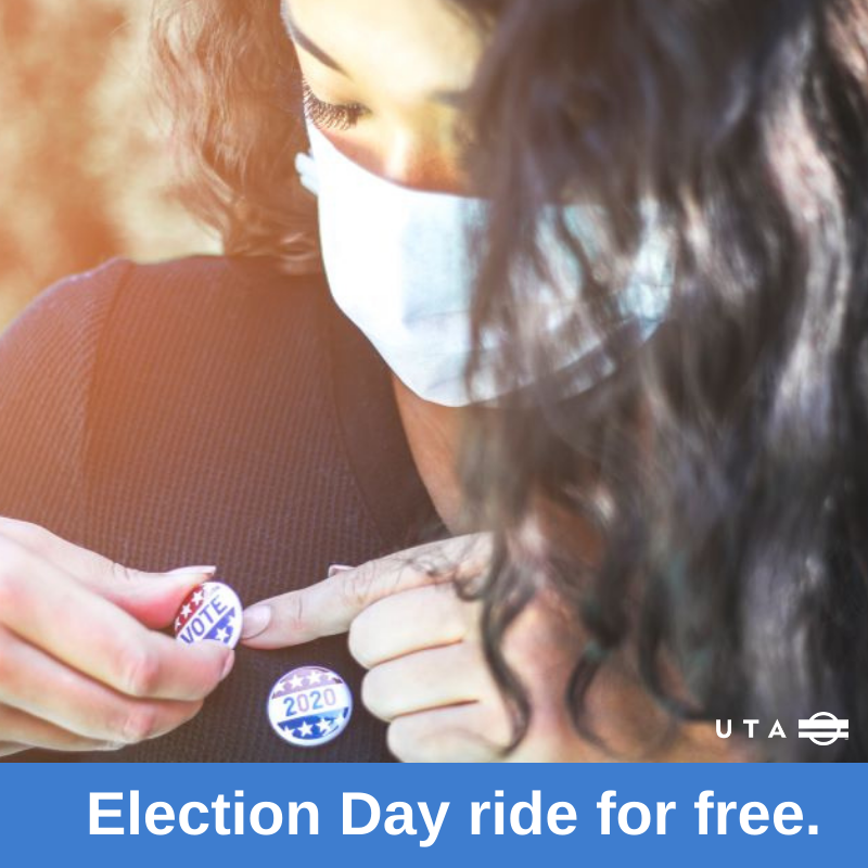 RideUTA's tweet photo. Did you hear? All of UTA's services will be free on Election Day, November 3.
To help you #vote we put together a list of polling places and the UTA routes that service those locations. Check it out at https://t.co/IM8GZFDuDV.
#UTAtoVOTE #FreeFare #vote2020 #utahelection https://t.co/604hDKcAR8