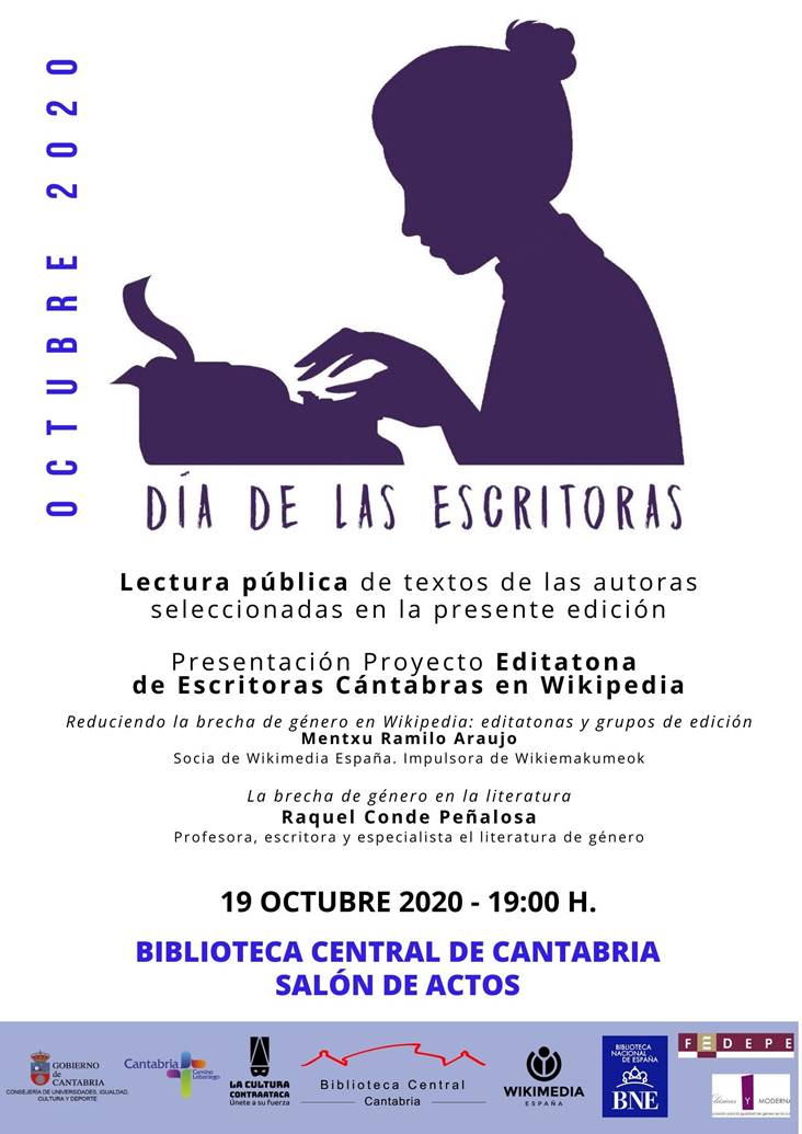 wikimedia_es's tweet photo. El lunes 19 es el #DíaDeLasEscritoras. Gracias a nuestra socia @mentxuwiki (impulsora de #WikiEmakumeok) estaremos presentes en el evento que organiza la @Biblioteca_BCC para reflexionar sobre la brecha de género en la literatura y cómo usar @eswikipedia para reducirla. https://t.co/4Clh568jAs