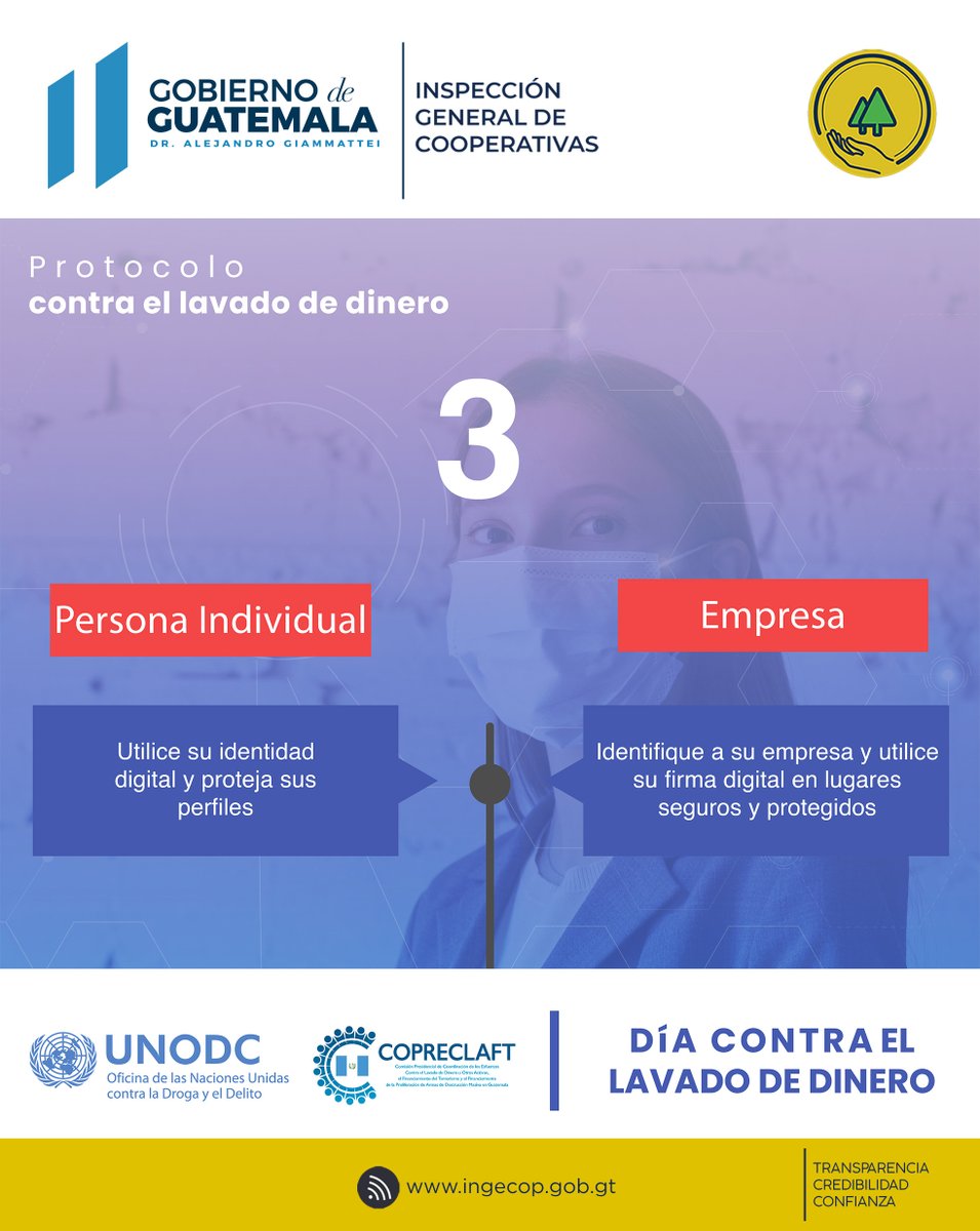 INGECOPgt's tweet photo. 👉 Paso 3 de nuestro protocolo contra lavado de dinero:
Utilice su identidad digital en cada transacción que realice en línea y asegúrese de interactuar solamente con las personas que se identifican adecuadamente en estos medios ✅. #EstáEnLínea.
#INGECOP, #Cooperativas https://t.co/ueesiIh1MK