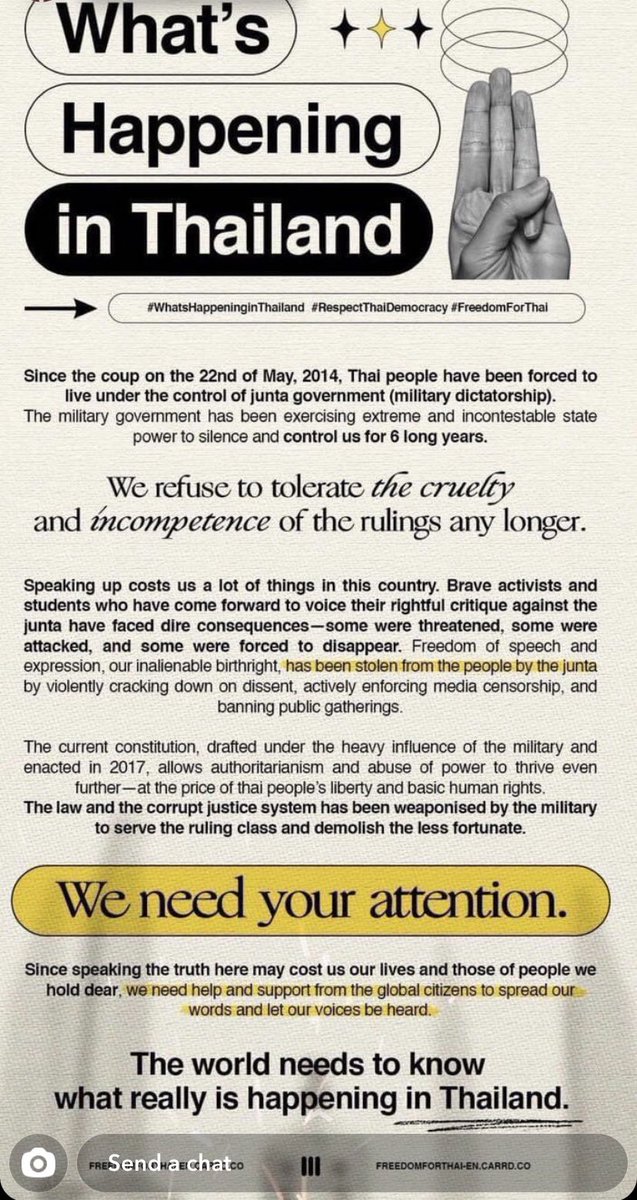 GloryHansel's tweet photo. A foreign exchange student posted the following asking us, their “international friends,” to share the truth of what’s happening in Thailand. 
#FreedomForThailand https://t.co/SqScC2hAtl