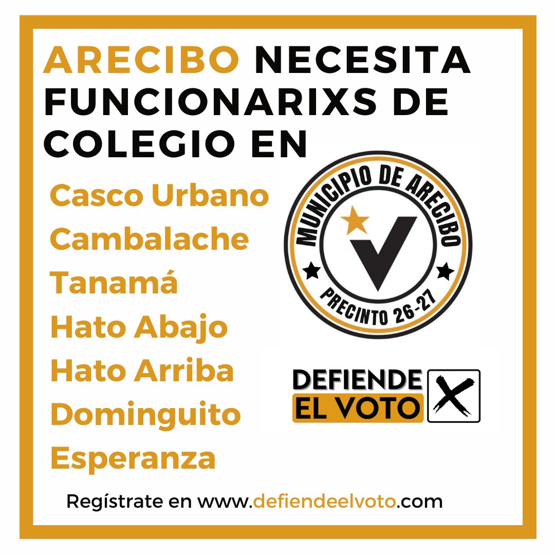 ¡Regístrate para velar el voto arecibeño! 

Buscamos funcionarios de colegio para las unidades de Casco Urbano, Cambalache, Tanamá, Hato Abajo, Hato Arriba, Dominguito y Esperanza.

Accede a defiendeelvoto.com

#FuncionariosMVCArecibo #MVC2020 #DefiendeElVoto #ElCambioVa