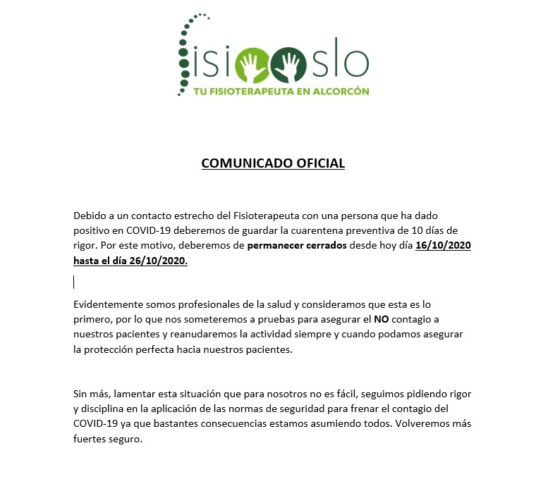 FisioOslo's tweet photo. COMUNCIADO OFICIAL

La clínica permanecerá cerrada hasta el 26 de Octubre para guardar la cuarentena preventiva https://t.co/HVuQ7kZ5vg