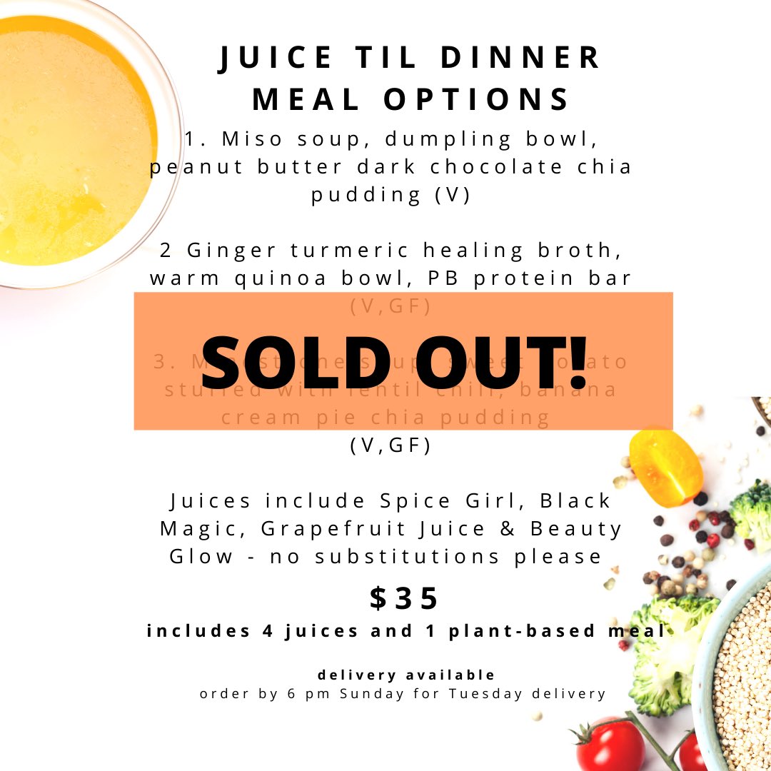 Wow! An amazing response to our new Juice til Dinner Cleanse. Sold out for next week but taking orders for Tuesday, October 27th - pick up or delivery. Thank you Ottawa 🙏🏼