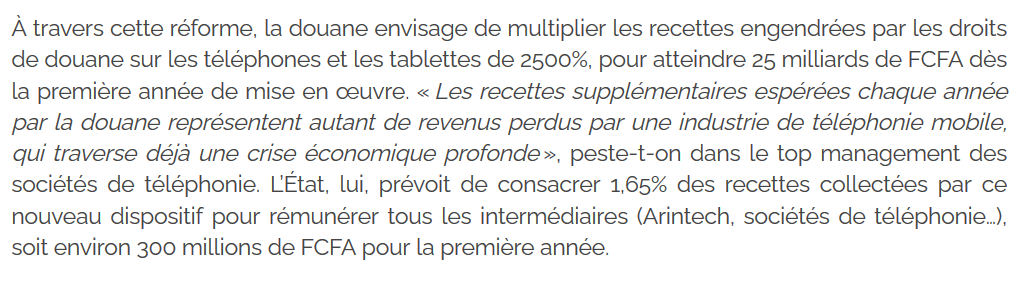 Tenez-vous bien, le montant visé de 25 Mds de CFA en 1 an, correspond à une augmentation de 2500%, soit 26 fois la somme qui habituellement, était levée dans ce registre. Rien à voir avec la moyenne de 5% d'augmentation des recettes annuelles des douanes....