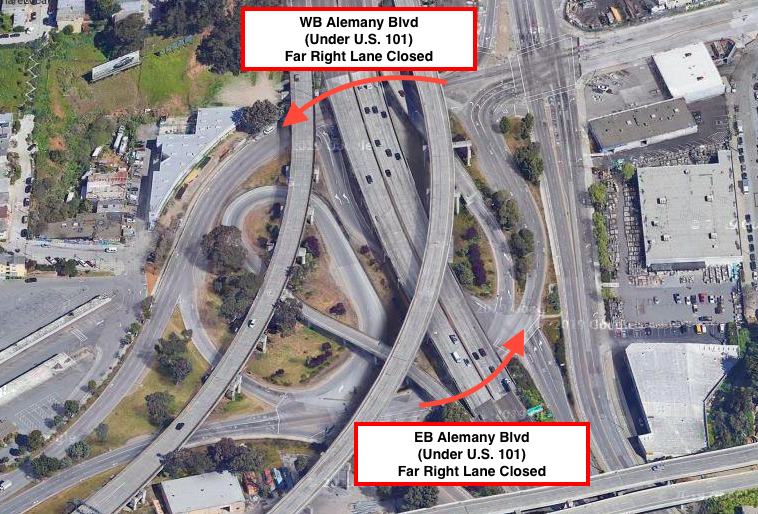 CaltransD4's tweet photo. #101AlemanyProject EB/WB Alemany Blvd under U.S. 101 has the far right lane closed 24/7 through 11/11 for structural painting work of the 101 Alemany Bridge Deck. To motorists, pedestrians, and bicyclists: #BeWorkZoneAlert @Tony_D4Director Traffic Advisory https://t.co/nlLJCLQkM4 https://t.co/eiCRWeBWkC