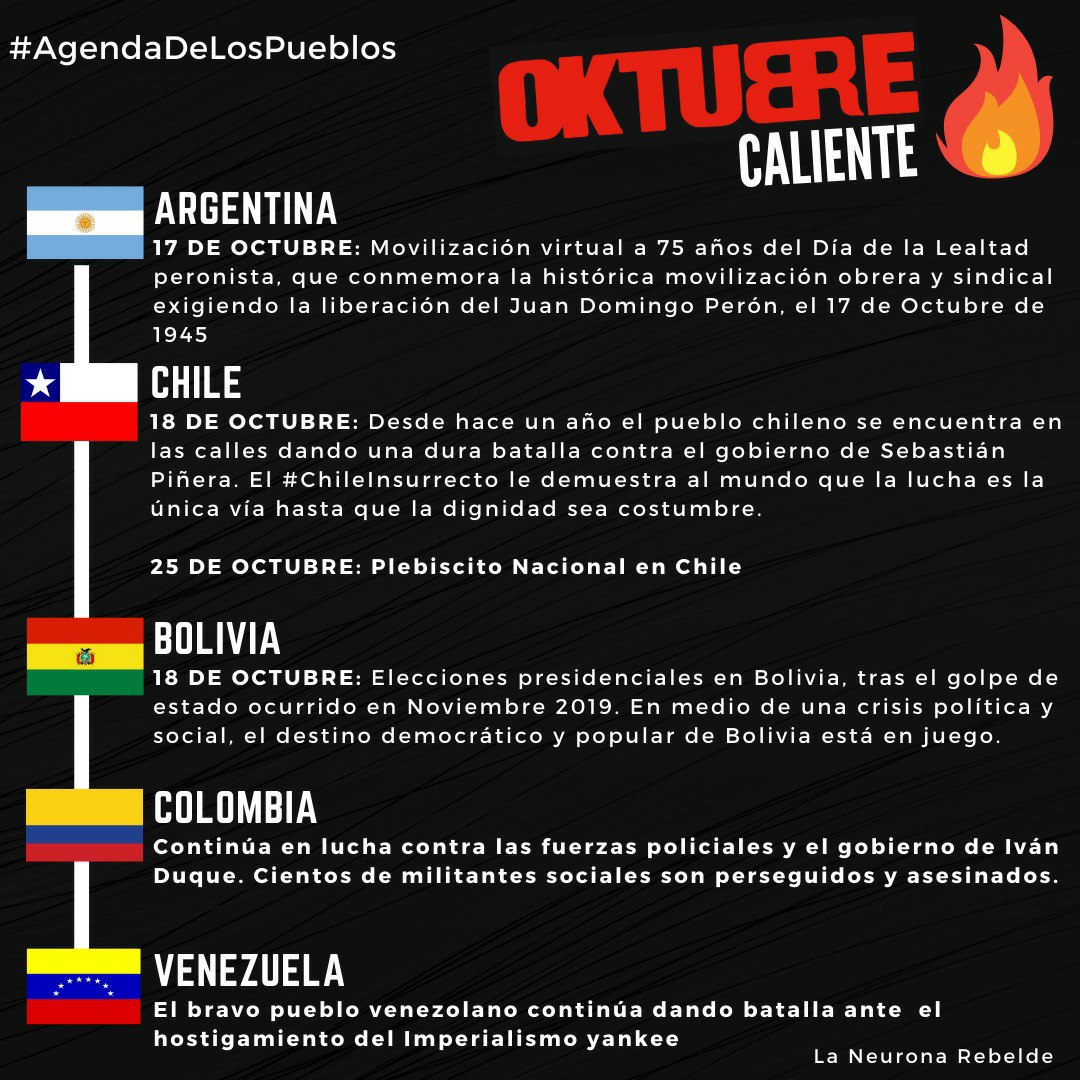 OKTUBRE CALIENTE🔥

Cargado de lucha y definiciones para #NuestrAmerica ✊🏿

Arriba les trabajadores de la dignidad, a luchar y organizar: De regreso a #Oktubre, te prefiero igual… internacional!

#75Octubres 
#ChileDespertó
#BoliviaDecide 
#Colombia 
#VenezuelaEsRevolucion