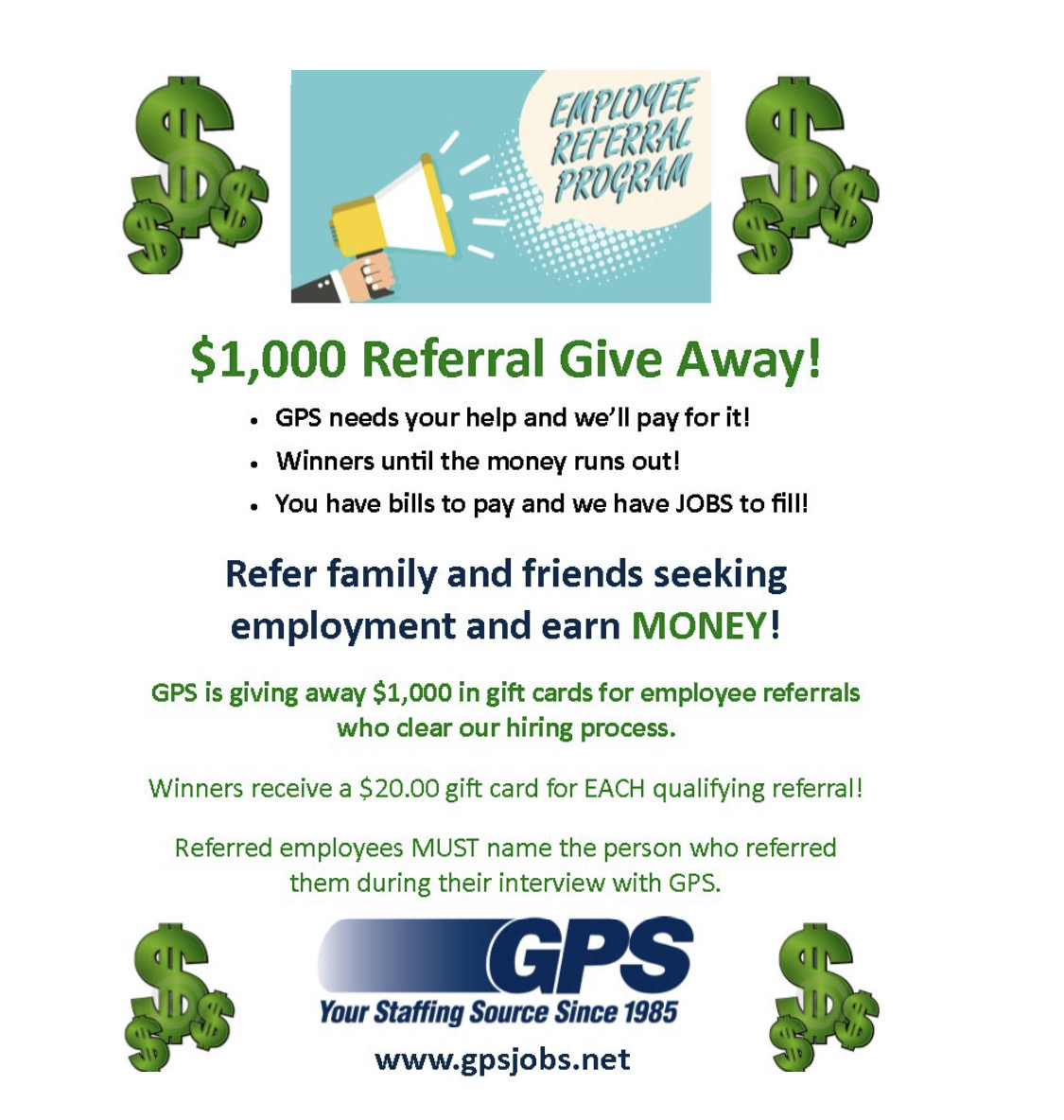gpsjobs's tweet photo. Attention all GPS Employees: GPS is giving away $1,000 for Employee Referrals! #gpsjobs #referafriend https://t.co/3R4MS6zZ3D