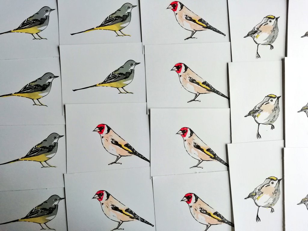 KraftyKoffeedof's tweet photo. Another printing session of birds done. Grey Wagtails, Goldfinches and Goldcrests. #handprinted #printmaking #birds #birdart #linoprint #blockprintmaking https://t.co/geBRh9ntFe