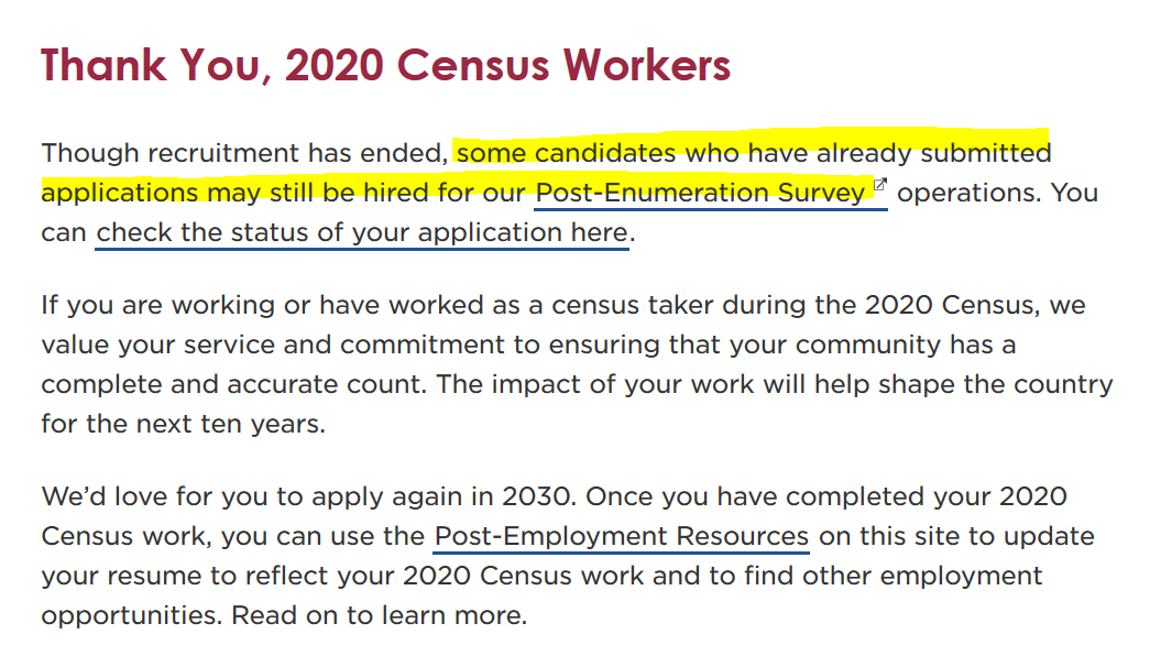 hansilowang's tweet photo. NEW: While #2020Census counting has ended, the Census Bureau says it's still hiring door knockers for the Post-Enumeration Survey to figure out undercount rates for historically undercounted groups. In-person interviews are set to continue through Dec. 22.
https://t.co/8CKgjvM9Mk https://t.co/xtCaK56XEq