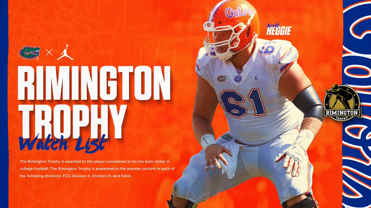 Florida Gators Football (@gatorsfb) on Twitter photo Congratulations to <a href="/HeggieBrett74/">Brett Heggie</a> for being named to the <a href="/rimingtontrophy/">Rimington Trophy</a> Watch List! 👏
#GatorStandard 🐊 Congratulations to <a href="/HeggieBrett74/">Brett Heggie</a> for being named to the <a href="/rimingtontrophy/">Rimington Trophy</a> Watch List! 👏
#GatorStandard 🐊