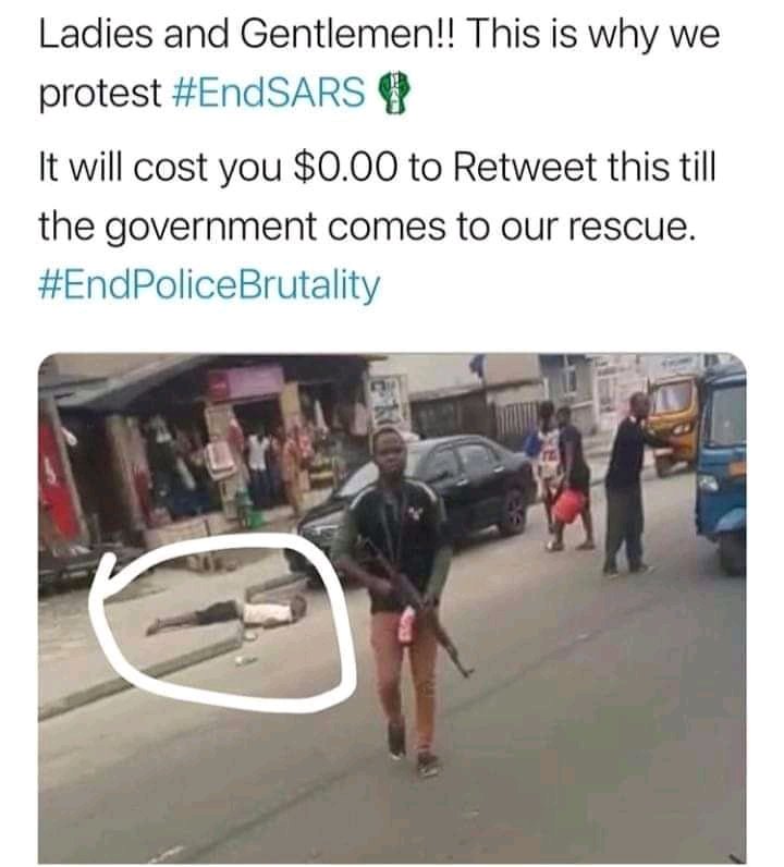 smaltinlee's tweet photo. Just Reweet it won't cost you anything #EndSARS #Mourinho #airportRoad #RECONSTRUCTNIGERIA #EndPoliceBrutality #ReformTheNigeriaPolice #KilledBySARS #FridayThoughts #SoroSokeGeneration #NoMoreRigging #endin #ReformTheNigeriaPolice  #twitterdown https://t.co/JUGhOFOtVb