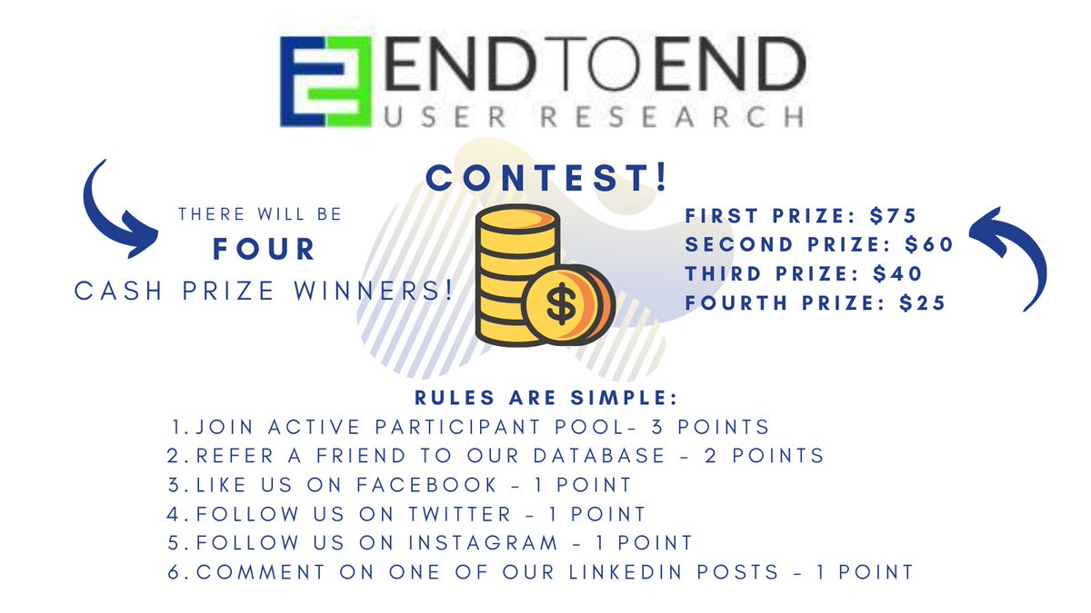 E2EUserResearch's tweet photo. We need to grow our nationwide active participant pool. It’s a fun way to earn extra $ and there is a contest right now! 3 points - Join the active participant pool https://t.co/oWcrkEDc9K  2 pts. each referral, more ways to win below! https://t.co/zU9e7FwEVo