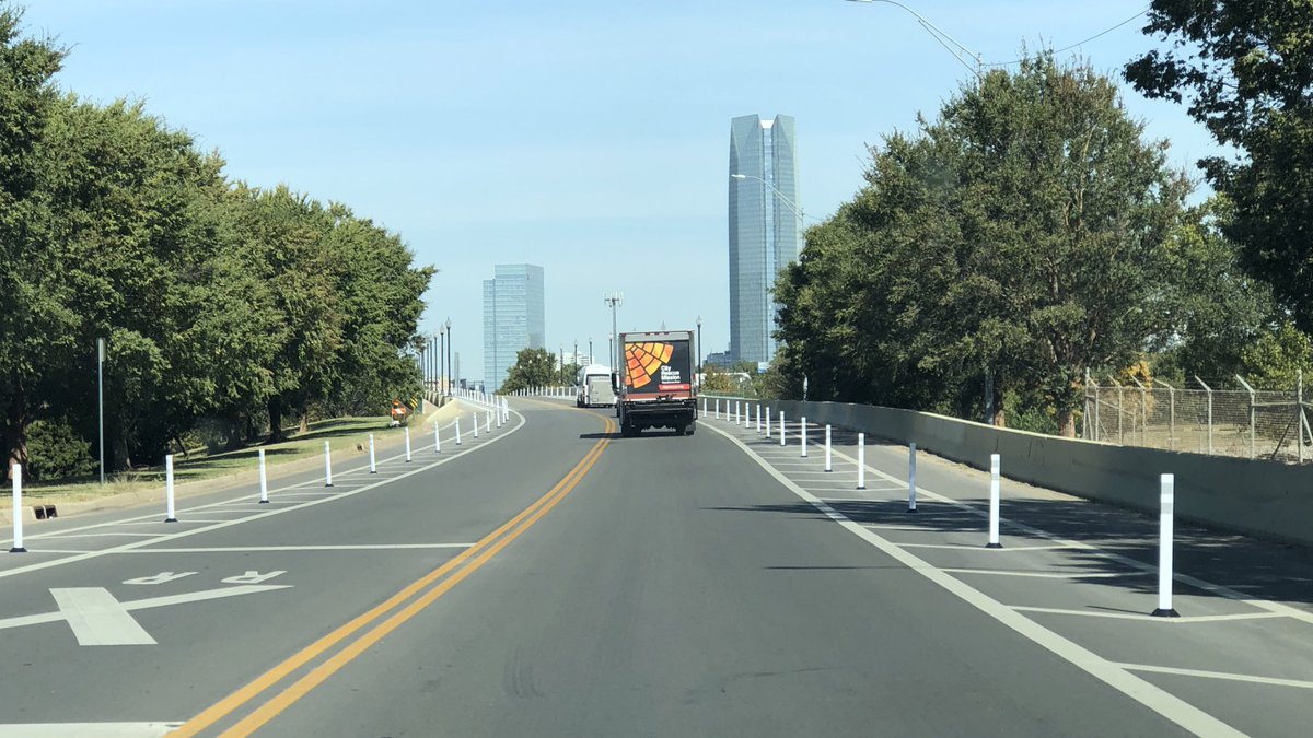 ForrestBennett's tweet image. I ride from 54th &amp;amp; Walker to downtown multiple times a week, and I am thrilled to see this. The bike lanes alone were great, but cars often park or drive on them. This is what cyclists need to feel safe. I can’t wait to use these lanes this weekend. Good work, OKC.