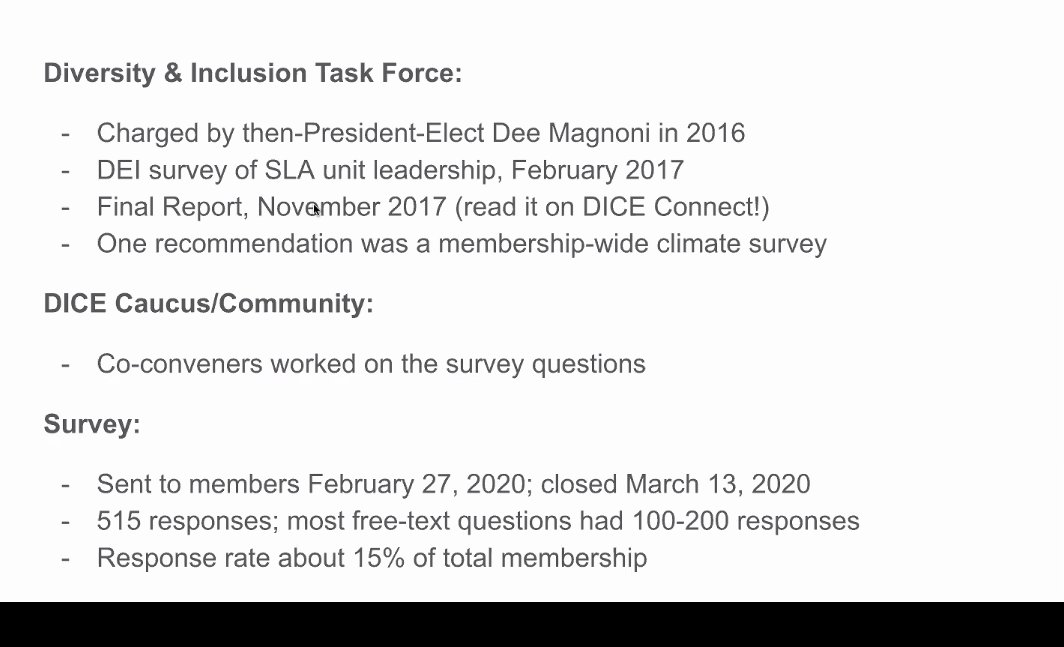 SeemaRampersad's tweet photo. So proud to be part of the initial DICE Task Force. Here are some of the ongoing great work by DICE (#Diversity Inclusion Community Equity) by @lib_mike, Clara and other members. https://t.co/L8a5UHBO7m #SLADrivingForward #SLA2020 #SLAEurope2020 https://t.co/YunrqmBl2C