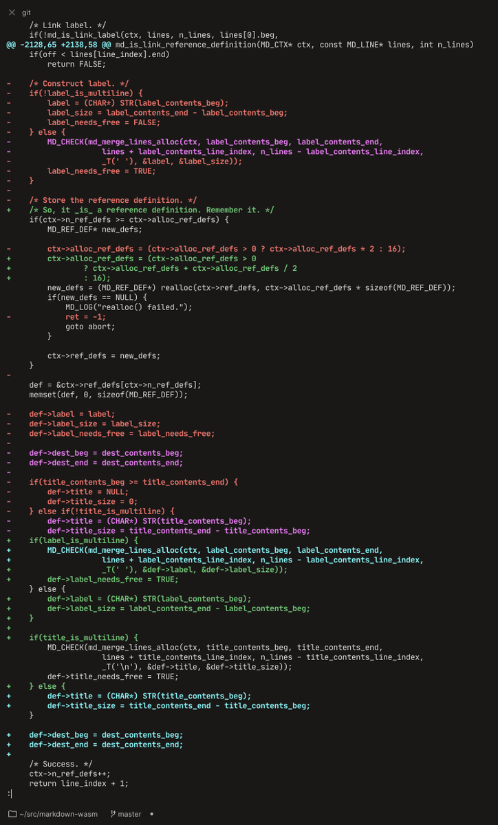 rsms's tweet image. After 13 years of git I just now discovered `git diff --color-moved` — It detects and displays chunks that have moved, which is pretty common, in my experience. I find it really useful to be able to separate what has changed from what just moved around when reviewing some code.