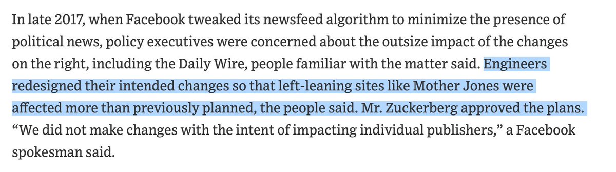 1/ I am enraged. Excellent reporting from WSJ's  @dseetharaman and  @EmilyGlazer finds that Facebook engineers—with sign-off from Zuckerberg himself—retooled their algorithm to throttle traffic to high-value progressive news orgs,  @MotherJones IN PARTICULAR  https://www.wsj.com/articles/how-mark-zuckerberg-learned-politics-11602853200