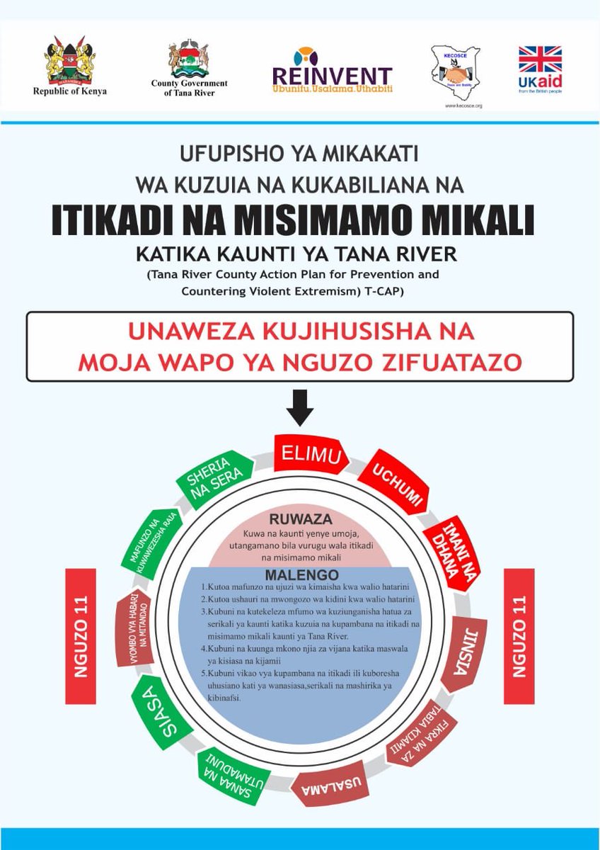 Kickstarting implementation of the Tana River County PCVE Action plan. Take Part, Play your role to prevent radicalisation in our counties <a href="/GalgalloAbagaro/">Galgallo Abagaro</a> <a href="/ReinventKenya/">REINVENT Programme</a> <a href="/KECOSCE/">KECOSCE</a> <a href="/Tanarivercount2/">Tanariver county government watch</a> <a href="/TAccess2justice/">Tana-access2justice</a> <a href="/TanaTimes/">TANA NEWS</a> <a href="/TheTanarian/">The Tanarian</a> <a href="/MagazinePokomo/">POKOMO MAGAZINE</a> <a href="/SwedeninKE/">Swedish Ambassador to Kenya</a> <a href="/NCTC_Kenya/">NCTC Kenya</a>