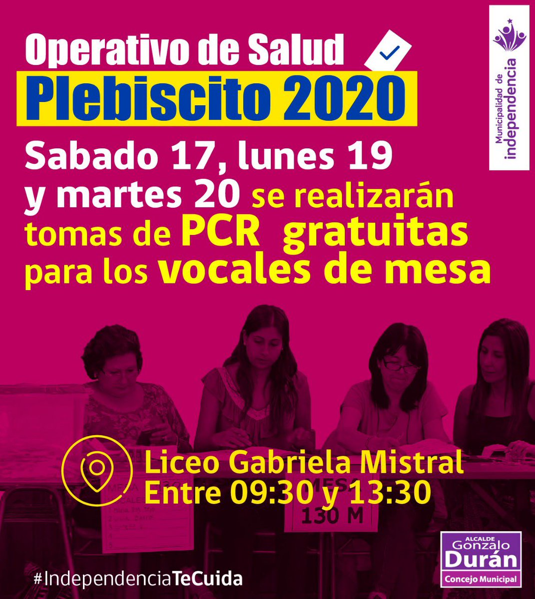 Te invitamos a las jornadas de aplicación gratuita de test PCR a tod@s l@s vecin@s que cumplirán la función de vocal de mesa. Estaremos el 17, 19 y 20 de octubre en el Liceo Gabriela Mistral desde las 9:30 a las 13:30 hrs. 

#IndependenciaTeCuida
#Plebiscito2020