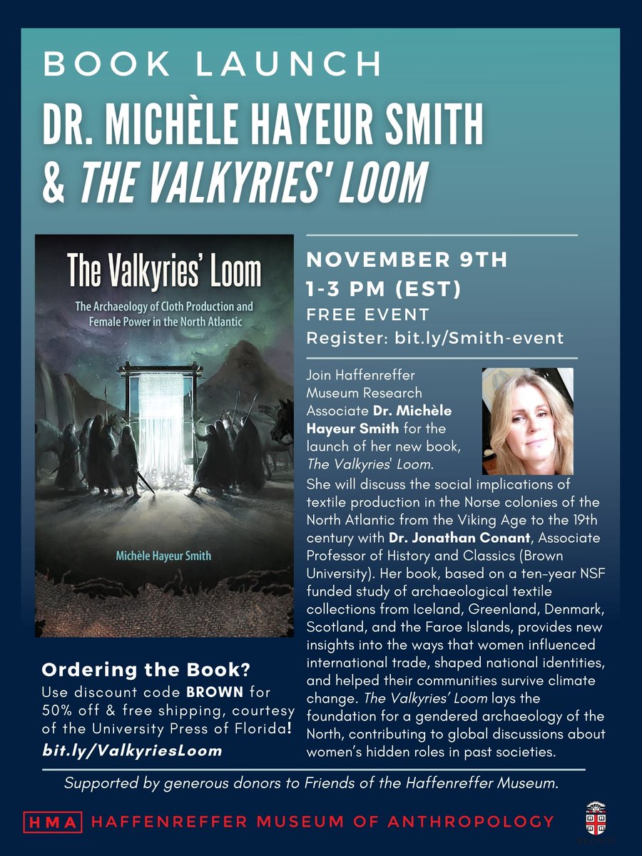 Join <a href="/BrownUniversity/">Brown University</a>'s @HaffenrefferMus for the virtual book launch of THE VALKYRIES’ LOOM by Michèle Hayeur Smith &amp; learn about textile production in the North Atlantic from the Viking Age to the 1800s.

Register: bit.ly/Smith-event
About the book: bit.ly/ValkyriesLoom