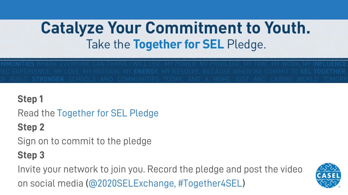 caselorg's tweet image. Participants of the #2020SELExchange Virtual Summit signed on to the “Together For SEL” Pledge. Join them by signing on, sharing it with your network &amp;amp; recording your own pledge. Sign on: selexchange.casel.org/Take-the-Pledge