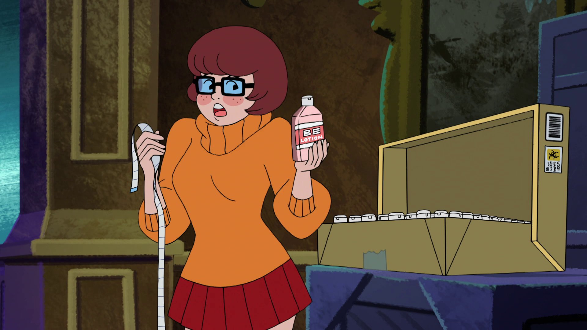 “VELMA: What kinda clue is a measuring tape and a shipping crate of Be Loti...