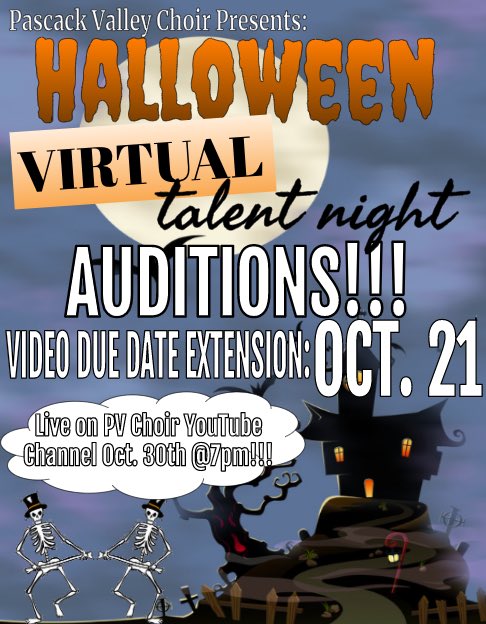 pvhs_choir's tweet photo. 👻🍁Check out our new audition poster! 📢 Our deadline for auditions have now been changed to the 21st. 🎃 We will also have a costume contest so wear your Halloween costume if you’d like!🍂👻 https://t.co/R4mPNGWoSc
