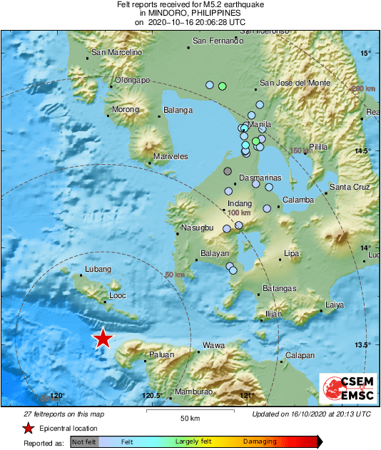 LastQuake's tweet photo. Moderate #earthquake (#lindol) shakes Mindoro, Philippines 8 min ago. Map of eyewitnesses' felt reports: https://t.co/YH68nbPPiF