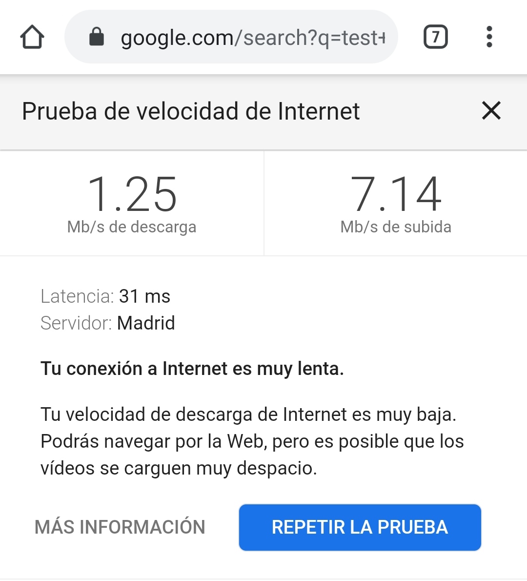 mavilaf's tweet photo. @pepephone @pelos211111 Hola @pepephone, ¿alguna novedad? Mis padres siguen con la conexión muy lenta. Vivo a 1km de ellos y en mi casa existe el mismo problema de velocidad. He realizado un test de velocidad desde el móvil y devuelve unos resultados terriblemente malos, adjunto captura https://t.co/Y1BbByyCcU