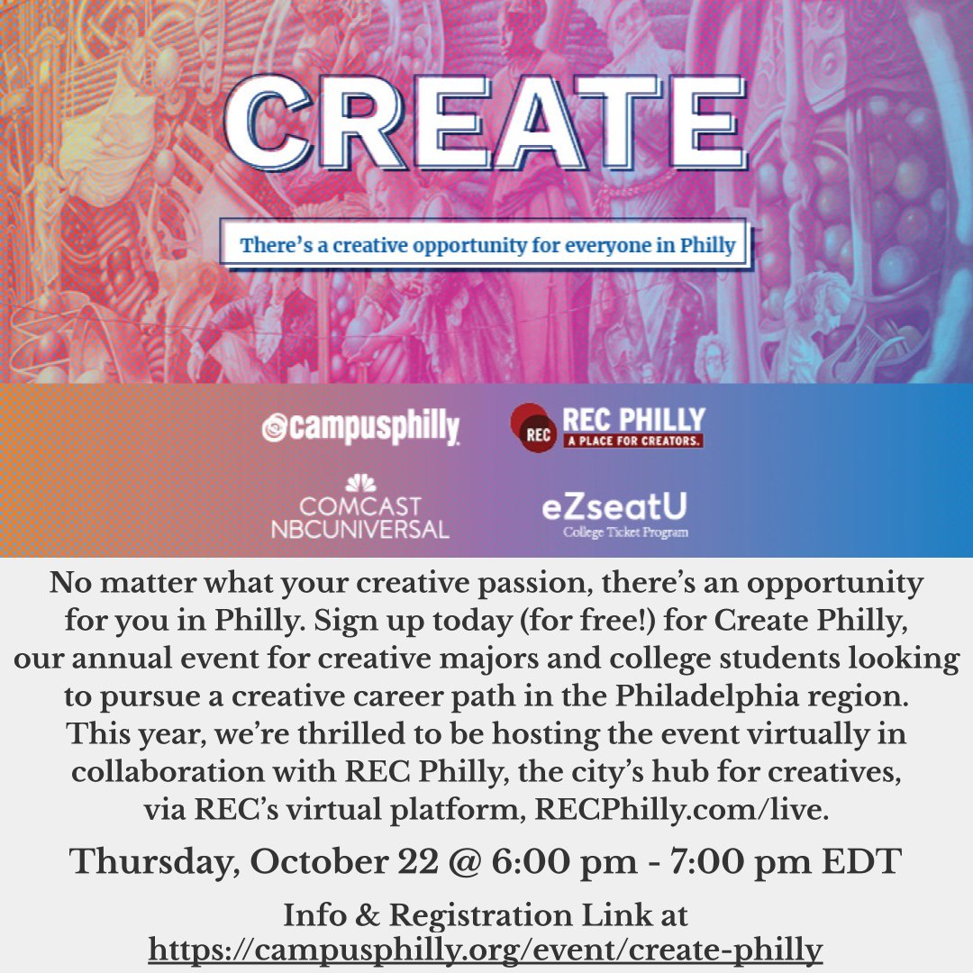 UArtsCareers's tweet photo. Don't miss this virtual discussion with a panel of experts. It is specifically for creative college students in Philadelphia! More info and link to register at https://t.co/bJayQse48V @campusphilly @recphilly_ #createphilly https://t.co/EnbrsKMEZr