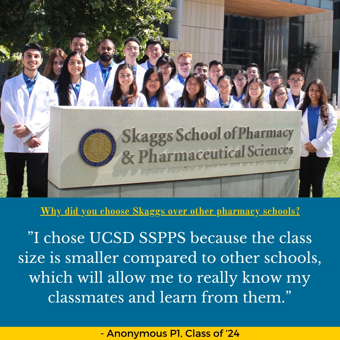 UCSD Skaggs School of Pharmacy & Pharmaceutical Sciences accepts about 70 students from the applicant pool each year. We are very proud to have smaller class sizes to maintain a strong, close-knit Skaggs family.
#skaggsschoolofpharmacy #healthcareteams #ucsdsspps #pharmacylife