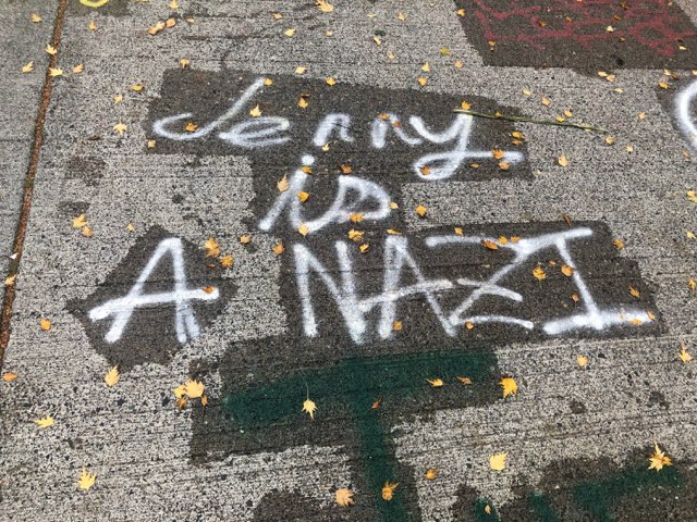 sallybagshaw's tweet photo. This is what our Mayor found at her house this morning.  Uncivilized, and frankly seventh-grade stuff.  Come on people.  We need to build some bridges to solve our social problems.  Name calling and spray paint don't hack it. https://t.co/5ZIiSmC0lA