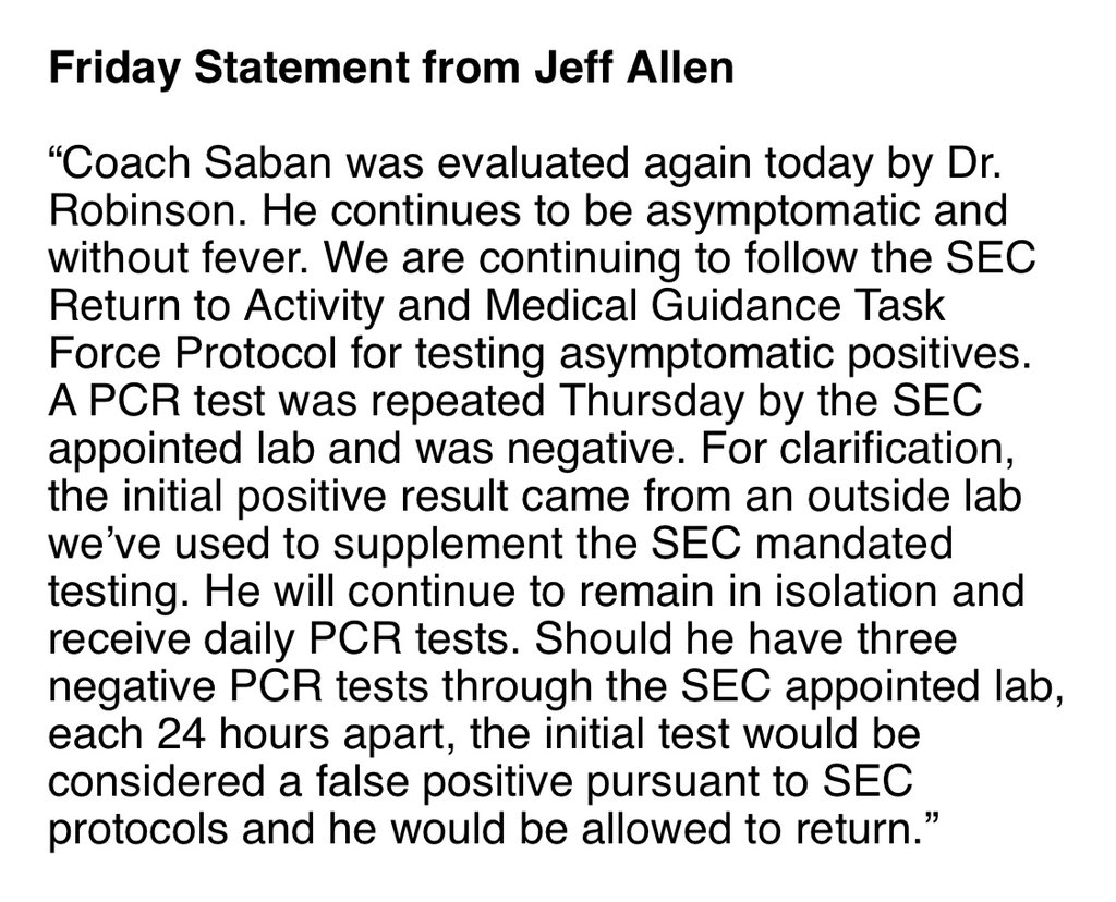 mzenitz's tweet photo. Nick Saban’s Thursday COVID test came back negative.

If his tests today and tomorrow come back negative, he’ll be able to coach against Georgia. https://t.co/GaNHyYskwQ